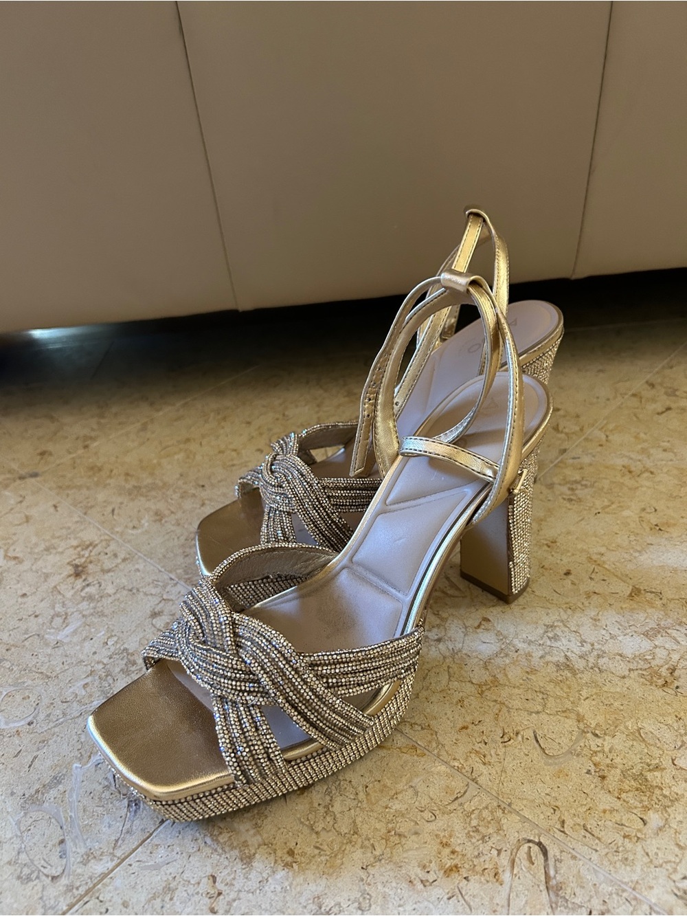 Aldo Gold Beaded Knot Block Heel Sandals
